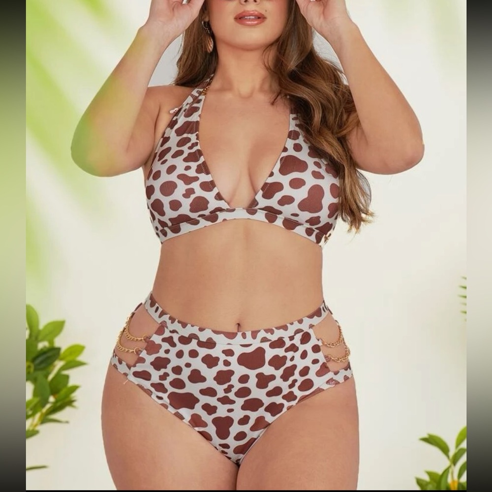 Plus Cow Print Chain Linked Halter Bikini Swimsuit